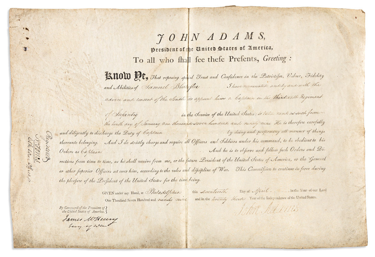 ADAMS, JOHN. Partly-printed vellum Document Signed, as President, appointing Samuel Blakeslee Captain in the infantry.